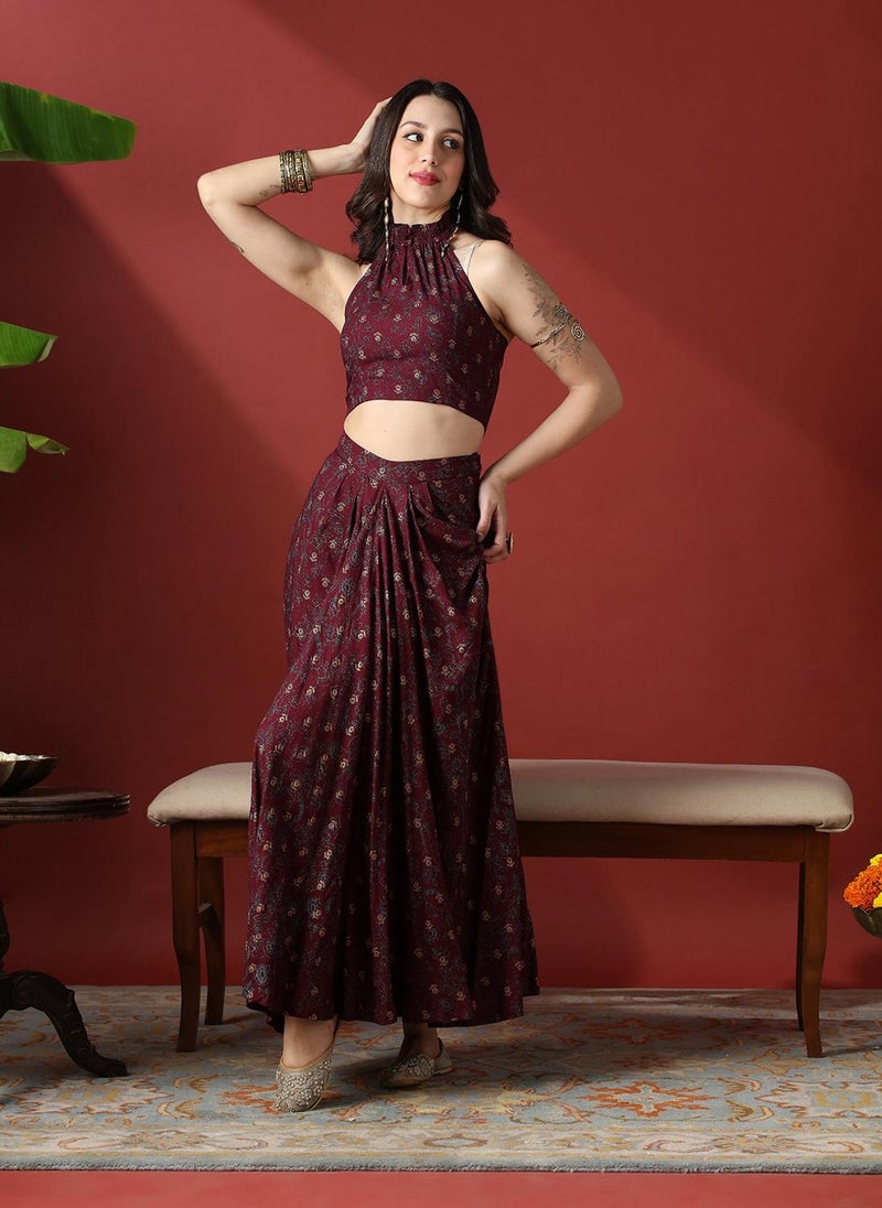 Globus Women Maroon Floral Print Smock Detail Halter Neck Crop Top With Pleated Maxi Skirt Fusion Co-Ord Set - Image 3